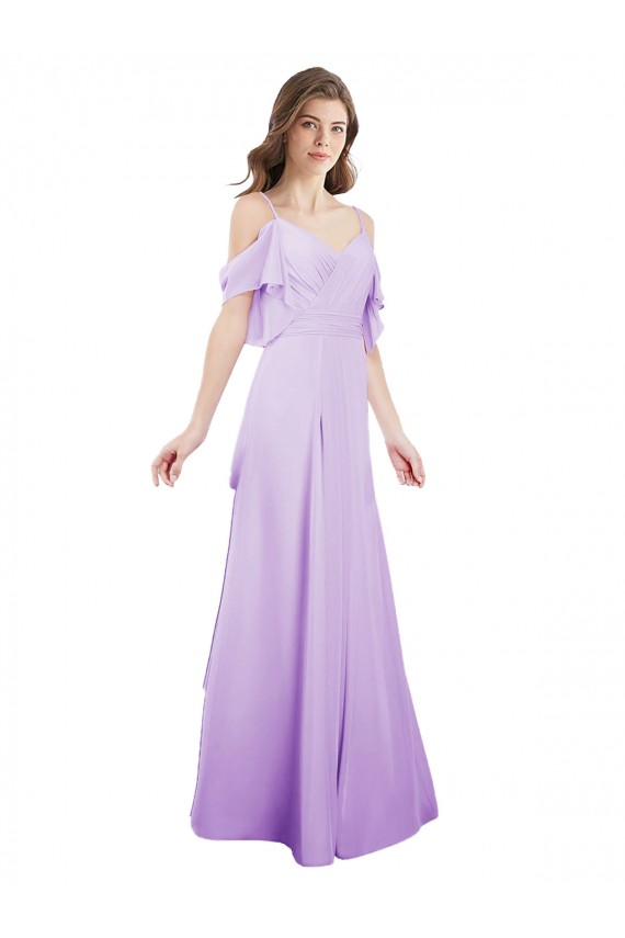 Lilas Trapèze Épaule Dénudée Bretelles spaghetti Mousseline Longue Robes demoiselle d'honneur en Gros