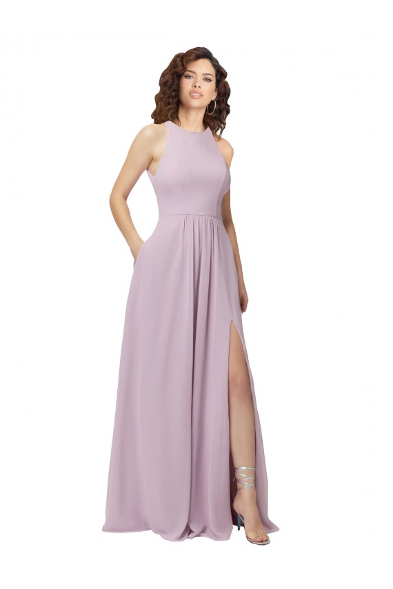Lueur rose Trapèze Licou Col Haut Mousseline Longue Robes demoiselle d'honneur en Gros