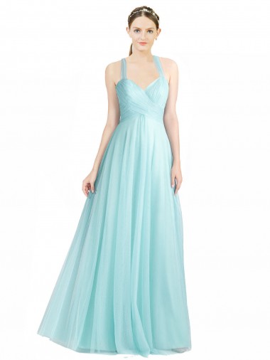 Menthe verte Trapèze Bretelles spaghetti Tulle Longue Robes demoiselle d'honneur en Gros