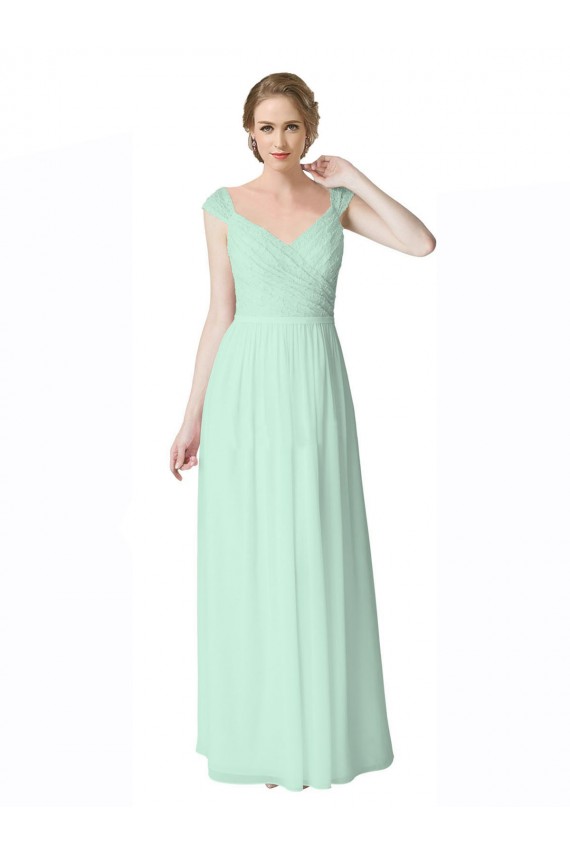 Menthe verte Trapèze Col V Mousseline Dentelle Longue Robes demoiselle d'honneur en Gros