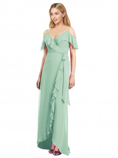 Menthe verte Trompette Bretelles spaghetti Col V Mousseline Longue Asymétrique Robes demoiselle d'honneur en Gros