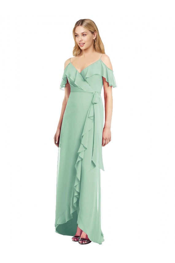 Menthe verte Trompette Bretelles spaghetti Col V Mousseline Longue Asymétrique Robes demoiselle d'honneur en Gros