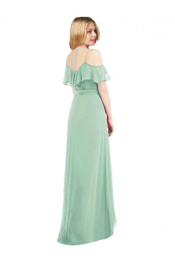 Menthe verte Trompette Bretelles spaghetti Col V Mousseline Longue Asymétrique Robes demoiselle d'honneur en Gros