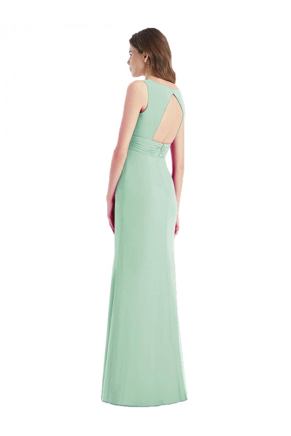 Menthe verte Trompette Col V Mousseline Longue Robes demoiselle d'honneur en Gros