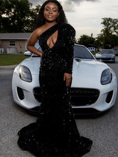 Noir Fourreau Balayage train Paillettes Velours Longue Robes de bal en Gros