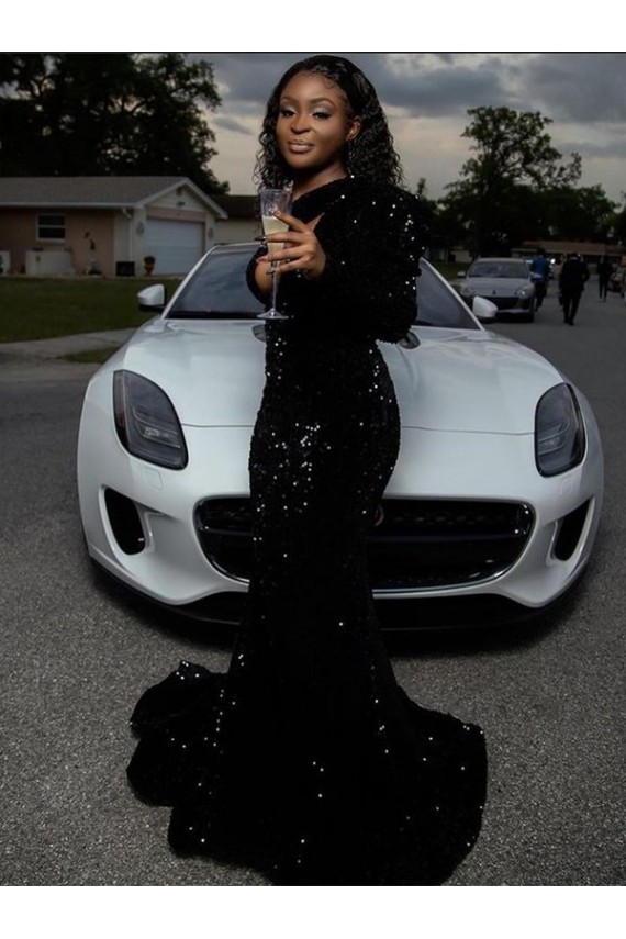 Noir Fourreau Balayage train Paillettes Velours Longue Robes de bal en Gros