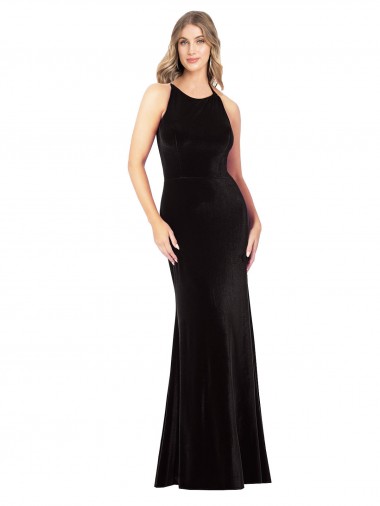 Noir Fourreau Bretelles spaghetti Col bijou Velours Stretch Longue Formelles Robes demoiselle d'honneur / Robes de soirée / Robes de bal en Gros