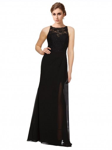 Noir Fourreau Col Haut Mousseline Dentelle Longue Robes demoiselle d'honneur en Gros
