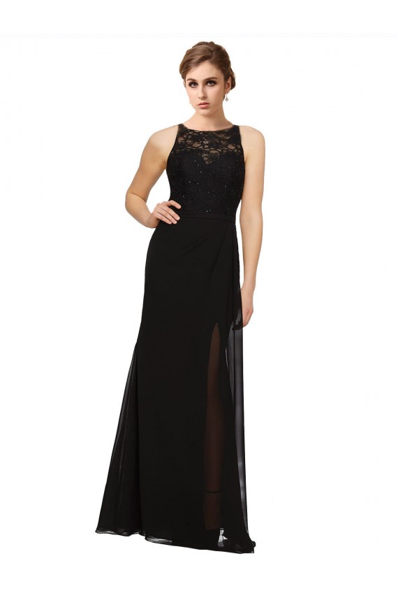 Noir Fourreau Col Haut Mousseline Dentelle Longue Robes demoiselle d'honneur en Gros