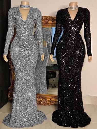 Noir Fourreau Col V Balayage train Paillettes Velours Longue Robes de bal en Gros