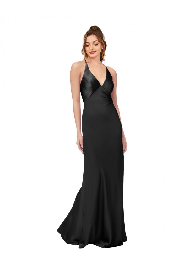 Noir Fourreau Col V Satiné Soyeux Longue Formelles Robes demoiselle d'honneur / Robes de soirée / Robes de bal en Gros