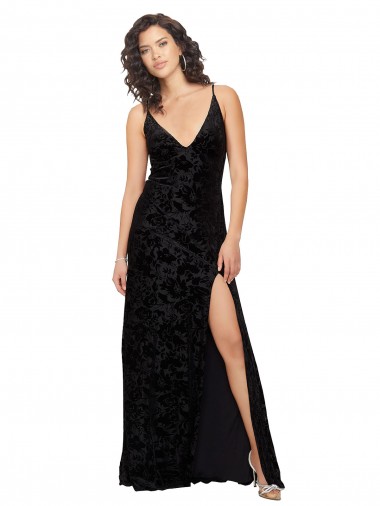 Noir Fourreau Col V Velours Floral Velours Stretch Longue Robes demoiselle d'honneur en Gros