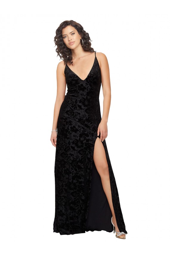 Noir Fourreau Col V Velours Floral Velours Stretch Longue Robes demoiselle d'honneur en Gros