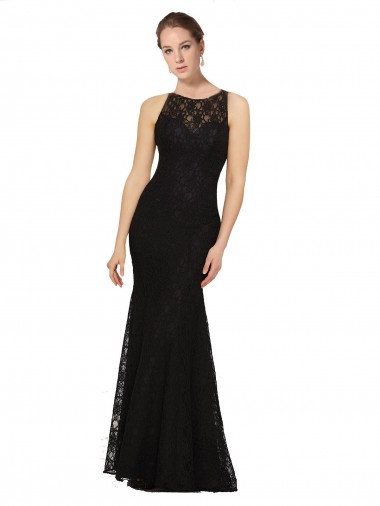 Noir Fourreau Col bijou Dentelle Longue Robes demoiselle d'honneur en Gros