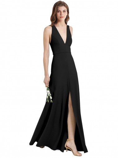 Noir Fourreau Licou Col V Crêpe Stretch Longue Formelles Robes demoiselle d'honneur / Robes de soirée / Robes de bal en Gros
