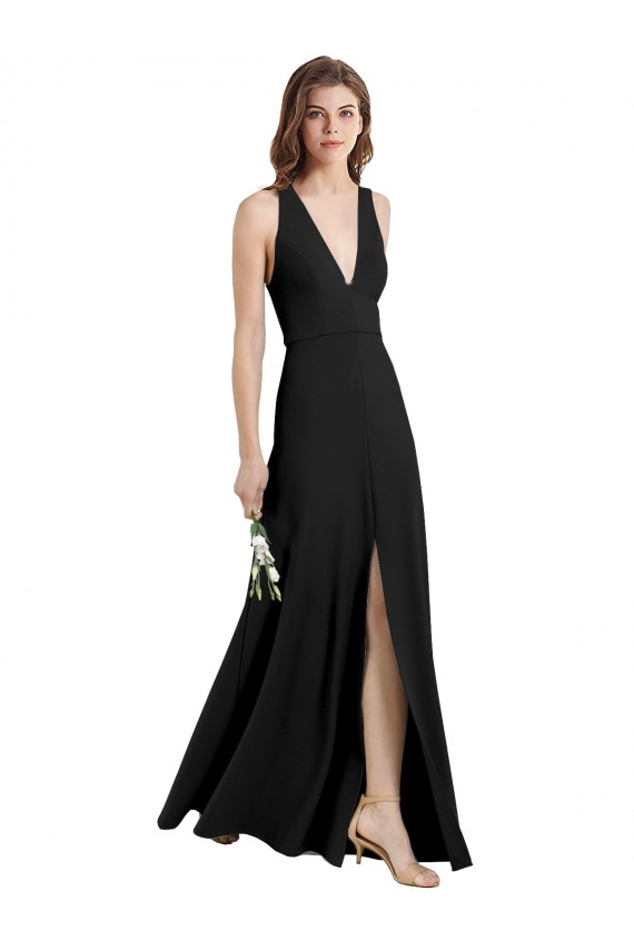 Noir Fourreau Licou Col V Crêpe Stretch Longue Formelles Robes demoiselle d'honneur / Robes de soirée / Robes de bal en Gros
