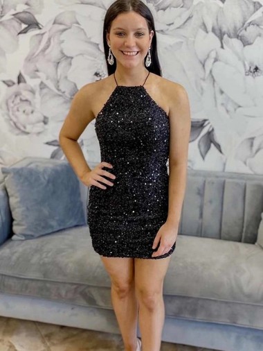 Noir Fourreau Licou Courte Paillettes Velours Courte Robes de bal en Gros
