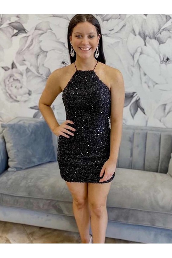 Noir Fourreau Licou Courte Paillettes Velours Courte Robes de bal en Gros