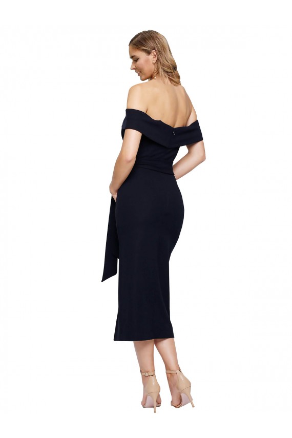 Noir Fourreau Épaule Dénudée Col Carré midi Crêpe Stretch Courte Robes demoiselle d'honneur / Robes de soirée / Robes de cocktail en Gros