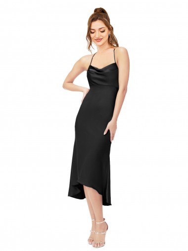 Noir Fourreau midi Satiné Soyeux Courte Asymétrique Robes demoiselle d'honneur / Robes de soirée / Robes de cocktail en Gros