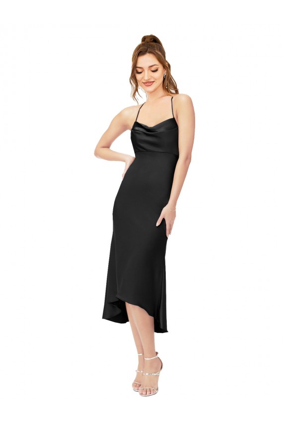 Noir Fourreau midi Satiné Soyeux Courte Asymétrique Robes demoiselle d'honneur / Robes de soirée / Robes de cocktail en Gros
