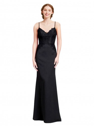 Noir Sirène Bretelles spaghetti Col V Crêpe Stretch Longue Robes demoiselle d'honneur / Robes de bal en Gros