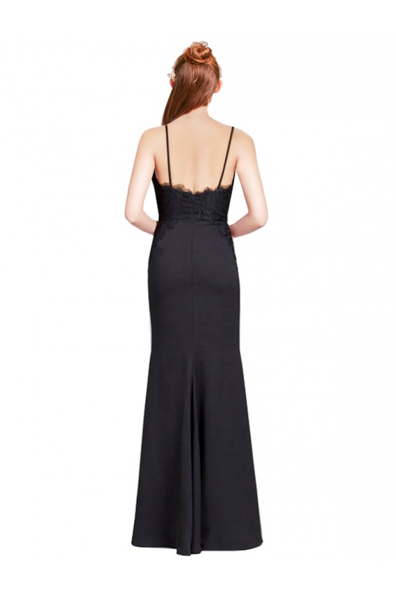 Noir Sirène Bretelles spaghetti Col V Crêpe Stretch Longue Robes demoiselle d'honneur / Robes de bal en Gros