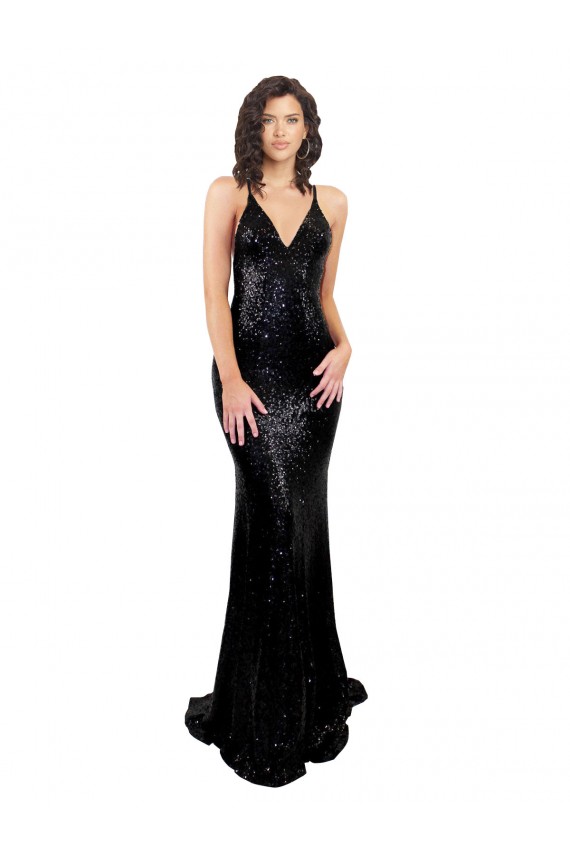 Noir Sirène Col V Paillette Longue Formelles Robes demoiselle d'honneur / Robes de soirée / Robes de bal en Gros