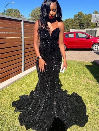 Noir Sirène Paillettes Velours Longue Robes de bal en Gros