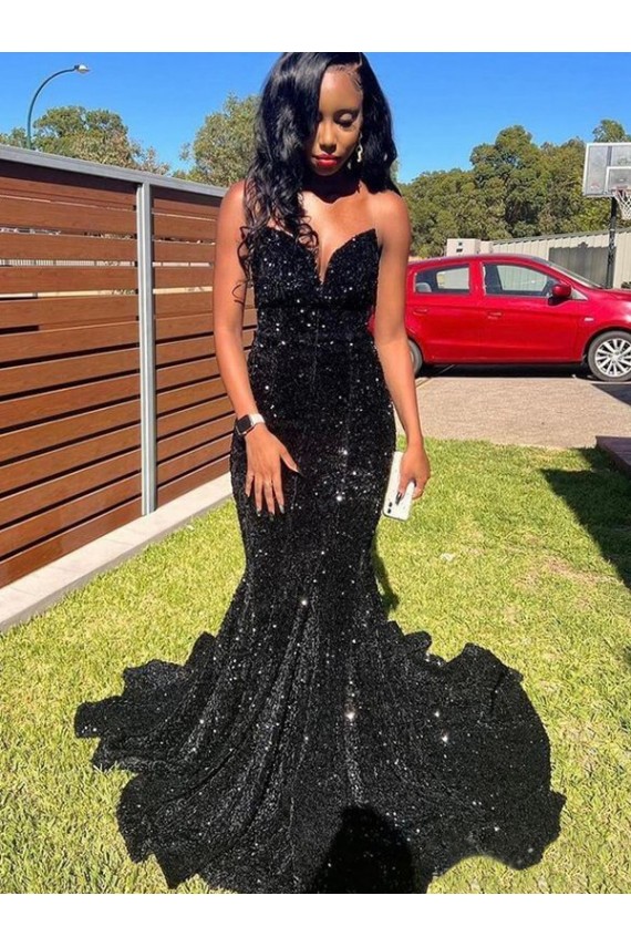 Noir Sirène Paillettes Velours Longue Robes de bal en Gros
