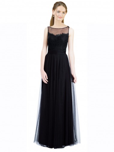 Noir Trapèze Bateau Illusion Tulle Dentelle Longue Robes demoiselle d'honneur en Gros