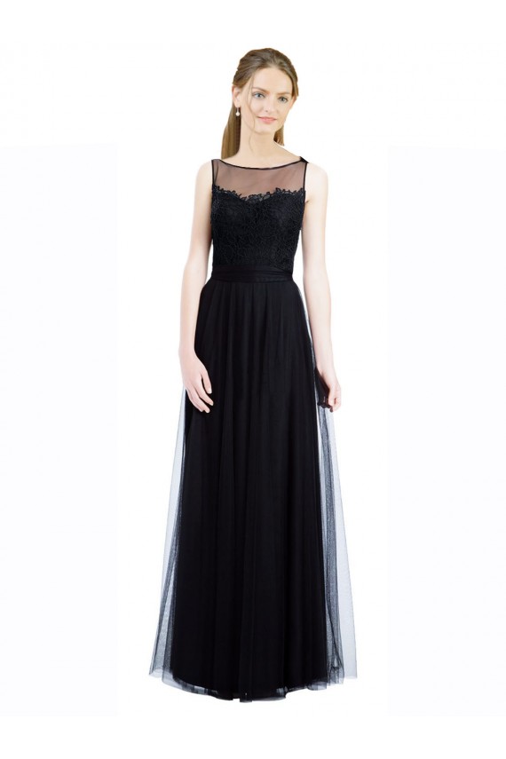 Noir Trapèze Bateau Illusion Tulle Dentelle Longue Robes demoiselle d'honneur en Gros