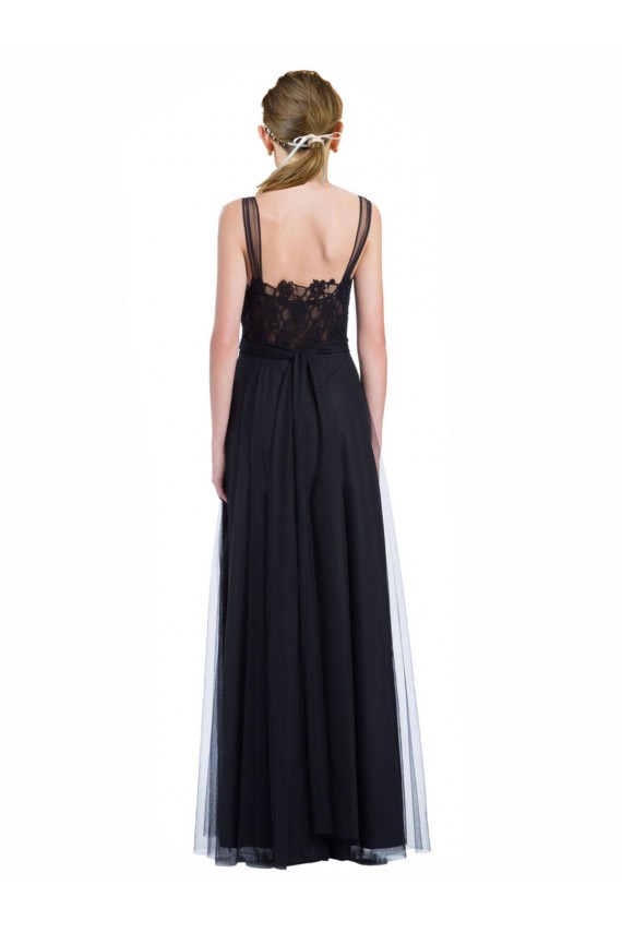 Noir Trapèze Bateau Illusion Tulle Dentelle Longue Robes demoiselle d'honneur en Gros