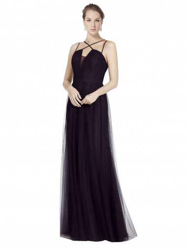 Noir Trapèze Bretelles spaghetti Col Haut Tulle Longue Robes demoiselle d'honneur en Gros