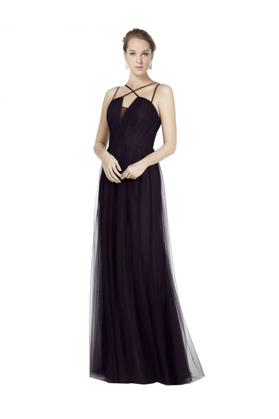 Noir Trapèze Bretelles spaghetti Col Haut Tulle Longue Robes demoiselle d'honneur en Gros