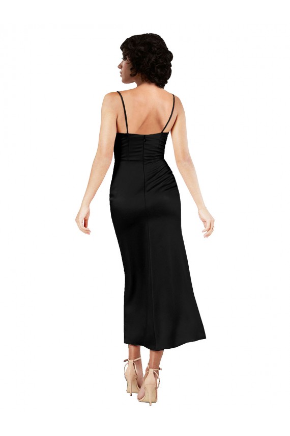 Noir Trapèze Bretelles spaghetti Satiné Soyeux Courte Robes demoiselle d'honneur / Robes de soirée / Robes de cocktail en Gros