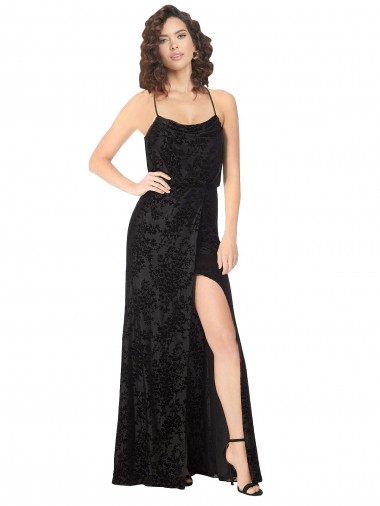 Noir Trapèze Bretelles spaghetti Velours Floral Velours Stretch Longue Robes demoiselle d'honneur en Gros