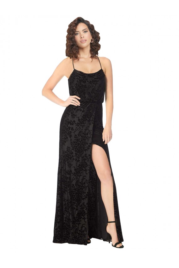 Noir Trapèze Bretelles spaghetti Velours Floral Velours Stretch Longue Robes demoiselle d'honneur en Gros