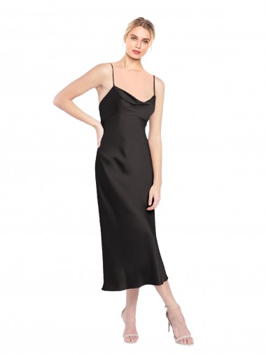 Noir Trapèze Bretelles spaghetti midi Satiné Stretch Courte Robes demoiselle d'honneur / Robes de soirée / Robes de cocktail en Gros