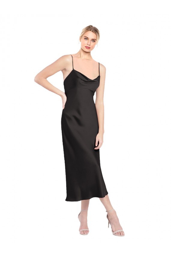 Noir Trapèze Bretelles spaghetti midi Satiné Stretch Courte Robes demoiselle d'honneur / Robes de soirée / Robes de cocktail en Gros