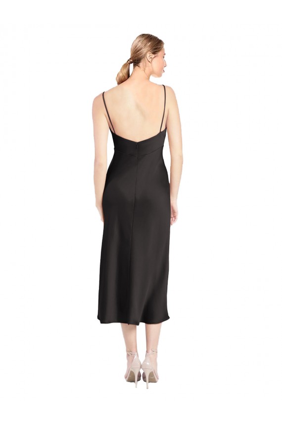 Noir Trapèze Bretelles spaghetti midi Satiné Stretch Courte Robes demoiselle d'honneur / Robes de soirée / Robes de cocktail en Gros