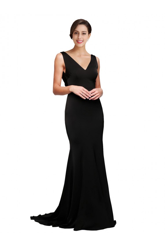 Noir Trapèze Col V Balayage train Satiné Soyeux Longue Formelles Robes demoiselle d'honneur / Robes de soirée / Robes de bal en Gros