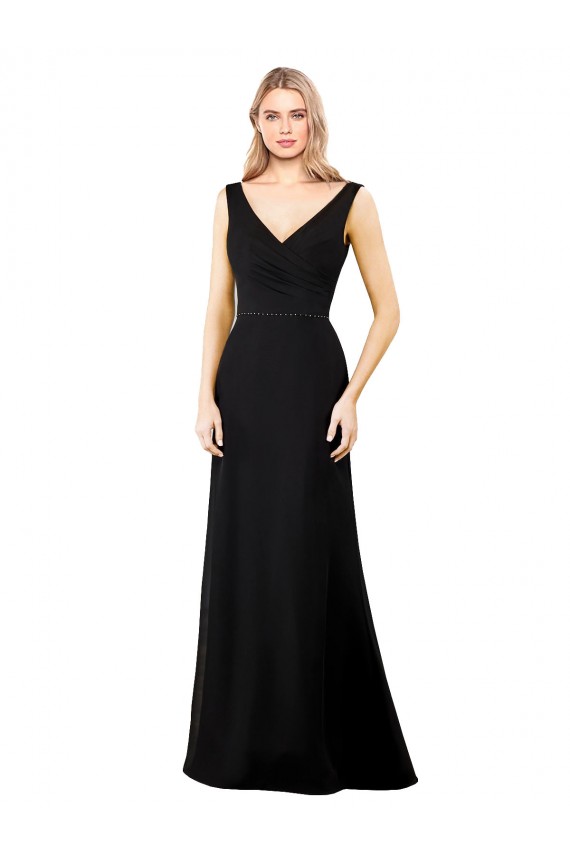 Noir Trapèze Col V Mousseline Longue Robes demoiselle d'honneur / Robes de bal en Gros