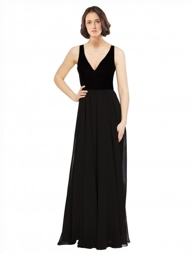 Noir Trapèze Col V Mousseline Velours Longue Robes demoiselle d'honneur / Robes de bal en Gros