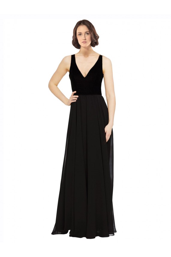 Noir Trapèze Col V Mousseline Velours Longue Robes demoiselle d'honneur / Robes de bal en Gros