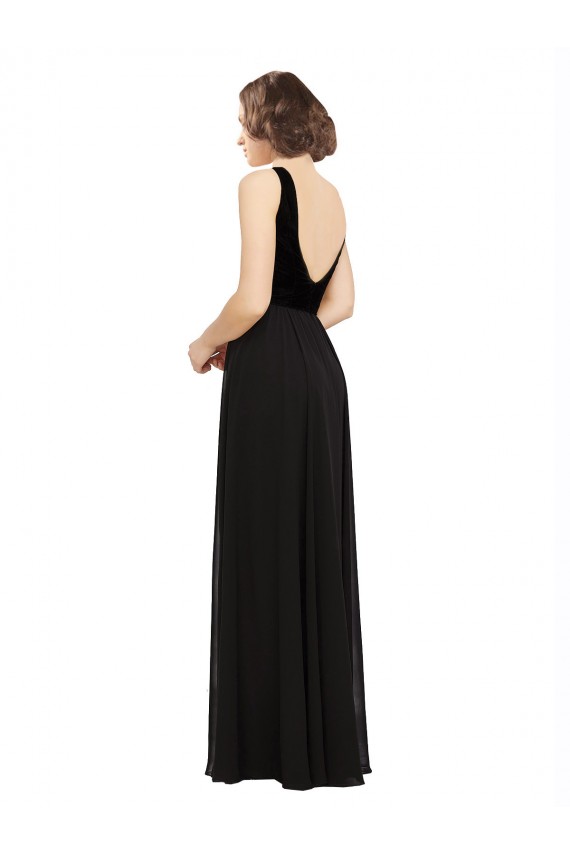 Noir Trapèze Col V Mousseline Velours Longue Robes demoiselle d'honneur / Robes de bal en Gros