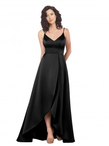 Noir Trapèze Col V Satiné Soyeux Longue Asymétrique Formelles Robes demoiselle d'honneur / Robes de soirée / Robes de bal en Gros