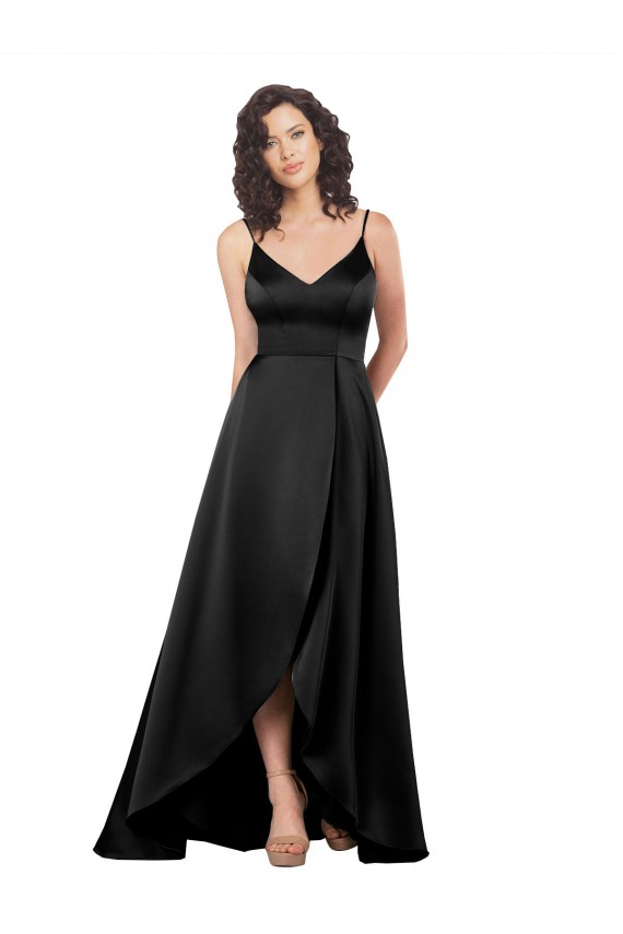 Noir Trapèze Col V Satiné Soyeux Longue Asymétrique Formelles Robes demoiselle d'honneur / Robes de soirée / Robes de bal en Gros