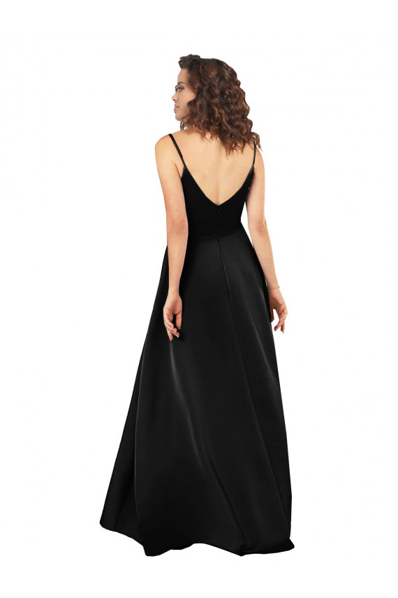 Noir Trapèze Col V Satiné Soyeux Longue Asymétrique Formelles Robes demoiselle d'honneur / Robes de soirée / Robes de bal en Gros