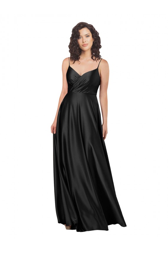 Noir Trapèze Col V Satiné Soyeux Longue Formelles Robes demoiselle d'honneur / Robes de soirée / Robes de bal en Gros